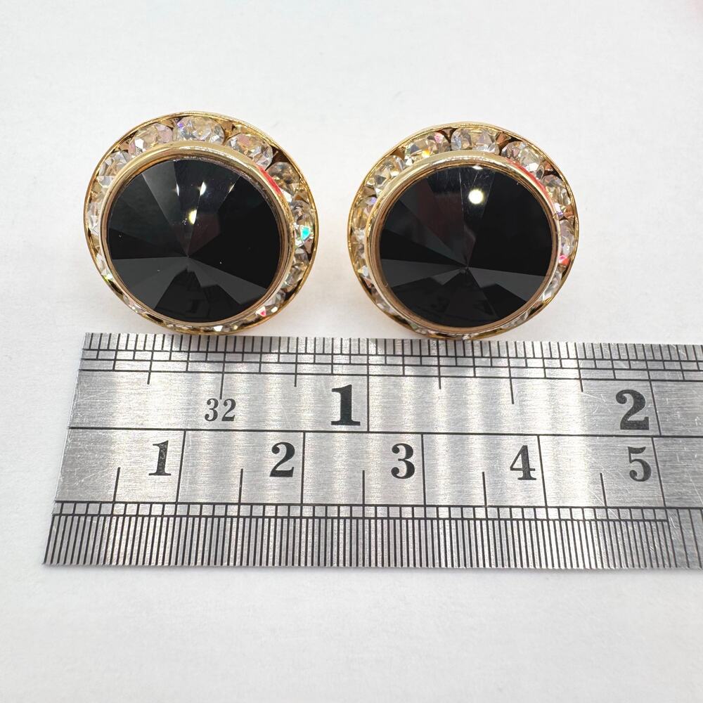 Vintage Black Rivoli Crystal Headlight Halo Stud Earrings Glam Goth Night Out - Picture 6 of 6